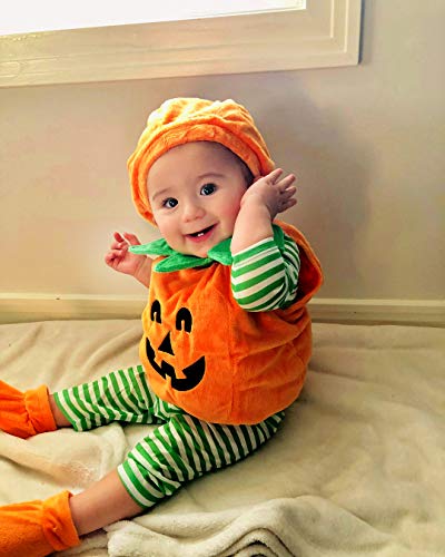 Lamuusaa Newborn Baby Girls Boys Halloween Costumes Sleeveless Pumpkin Romper Bodysuit Hat Socks Halloween Outfits 0-3Y (6-12M, Orange)