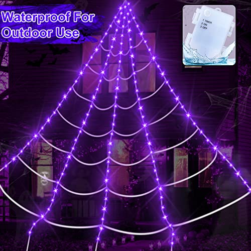 [ Prelit & Avoid Tangled Mess ] 23*18Ft 180LED Giant Halloween Spider Web Net Lights Decor Timer Purple Lights Triangular Web Waterproof Battery Box Halloween Decoration Indoor Outdoor Home Party Yard