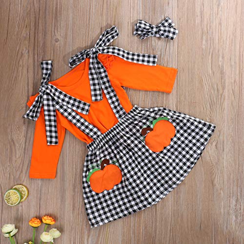 Toddler Baby Girl Halloween Clothes Solid Plain Long Sleeve T-Shirt Tops Pumpkin Plaid Suspender Skirt Headband Overall Outfit 2PCS Set (Orange, 18-24 Months)