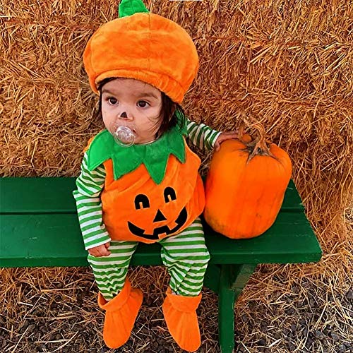 Lamuusaa Newborn Baby Girls Boys Halloween Costumes Sleeveless Pumpkin Romper Bodysuit Hat Socks Halloween Outfits 0-3Y (6-12M, Orange)