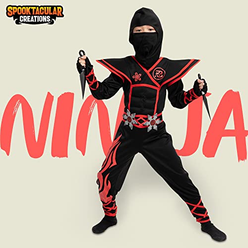 Spooktacular Creations Halloween Red Ninja Muscle Costume Deluxe Set for Boys, Unisex Kungfu Outfit for Kids 3-14yr with Foam Accessories (10-12 yrs)
