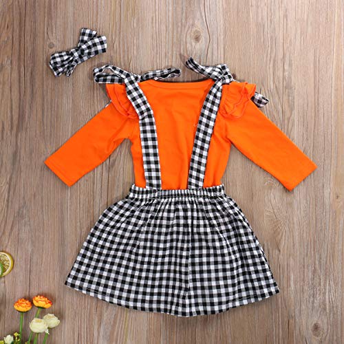 Toddler Baby Girl Halloween Clothes Solid Plain Long Sleeve T-Shirt Tops Pumpkin Plaid Suspender Skirt Headband Overall Outfit 2PCS Set (Orange, 18-24 Months)