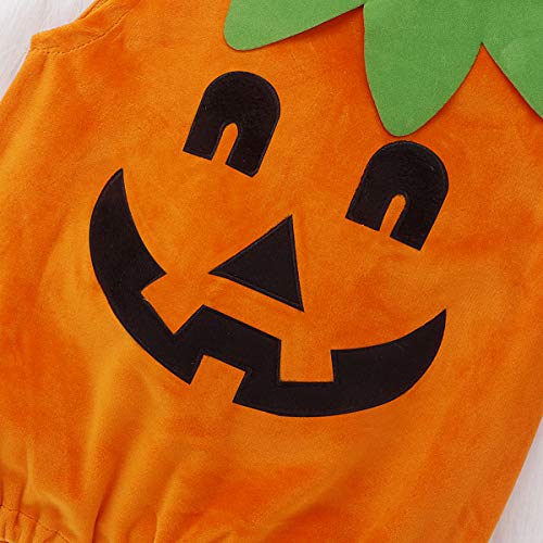 Lamuusaa Newborn Baby Girls Boys Halloween Costumes Sleeveless Pumpkin Romper Bodysuit Hat Socks Halloween Outfits 0-3Y (6-12M, Orange)
