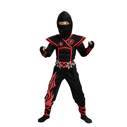 Spooktacular Creations Halloween Red Ninja Muscle Costume Deluxe Set for Boys, Unisex Kungfu Outfit for Kids 3-14yr with Foam Accessories (10-12 yrs)