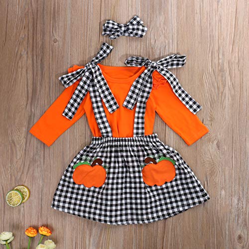 Toddler Baby Girl Halloween Clothes Solid Plain Long Sleeve T-Shirt Tops Pumpkin Plaid Suspender Skirt Headband Overall Outfit 2PCS Set (Orange, 18-24 Months)