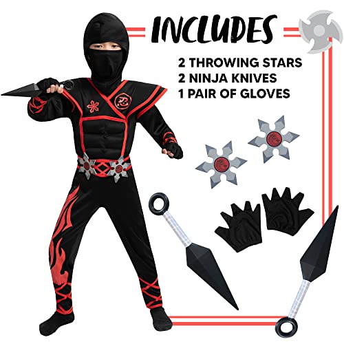 Spooktacular Creations Halloween Red Ninja Muscle Costume Deluxe Set for Boys, Unisex Kungfu Outfit for Kids 3-14yr with Foam Accessories (10-12 yrs)