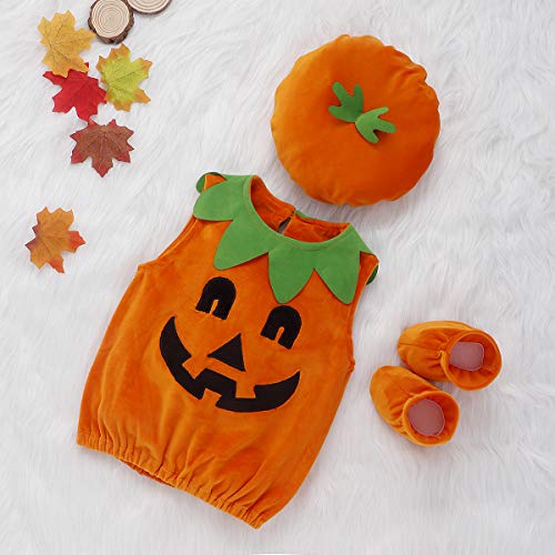 Lamuusaa Newborn Baby Girls Boys Halloween Costumes Sleeveless Pumpkin Romper Bodysuit Hat Socks Halloween Outfits 0-3Y (6-12M, Orange)