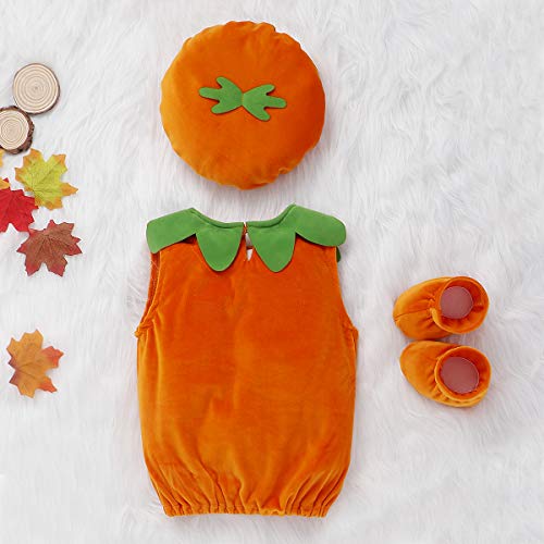 Lamuusaa Newborn Baby Girls Boys Halloween Costumes Sleeveless Pumpkin Romper Bodysuit Hat Socks Halloween Outfits 0-3Y (6-12M, Orange)