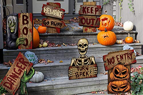 NIGHT-GRING Yard Signs for Halloween Props Decorations Outdoor | 6 Pack Track-or-Treat Corrugate Yard Stake Signs | Large Friendly Halloween Yard/Lawn Decorations | Warning Yard Sign Stakes (Style 1)