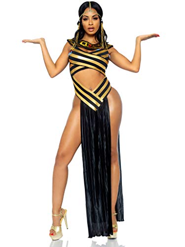 Leg Avenue womens - 3 Piece Nile Queen Catsuit Set Sexy Egyptian Halloween Dress Bodysuit With Headpiece for Adult Sized Costume, Gold/Black, Medium US