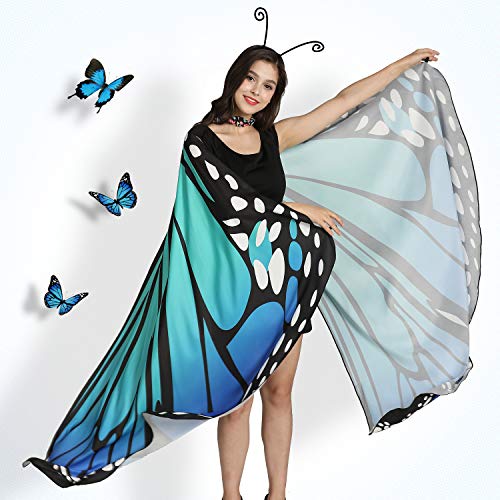 Jeicy Halloween Butterfly Wings Shawl Fairy Lady Cape Nymph Pixie Costume for Women Girls Halloween Costumes with Antenna Headband (blue green)