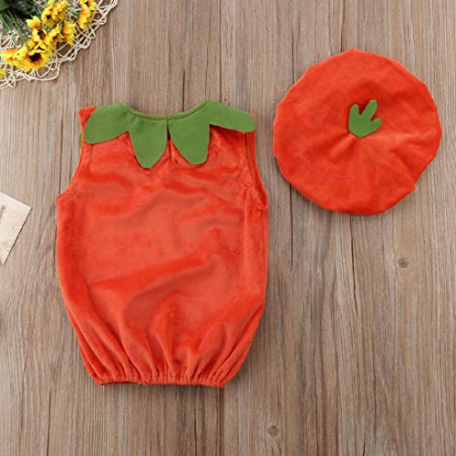 Toddler Infant Baby Boy Girl Halloween Pumpkin Costumes Sleeveless Romper Outfit with Hat (Orange, 3-6 Months)
