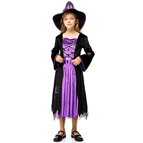 Witch Costume for Girls Kids, Fairytale Witch Halloween Costume Dress Up with Hat (M(8-10))