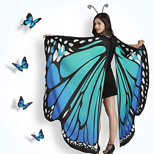 Jeicy Halloween Butterfly Wings Shawl Fairy Lady Cape Nymph Pixie Costume for Women Girls Halloween Costumes with Antenna Headband (blue green)
