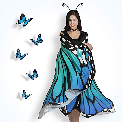 Jeicy Halloween Butterfly Wings Shawl Fairy Lady Cape Nymph Pixie Costume for Women Girls Halloween Costumes with Antenna Headband (blue green)