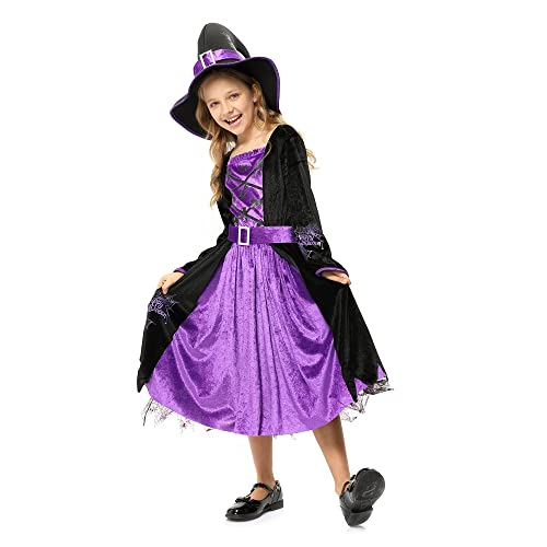 Witch Costume for Girls Kids, Fairytale Witch Halloween Costume Dress Up with Hat (M(8-10))