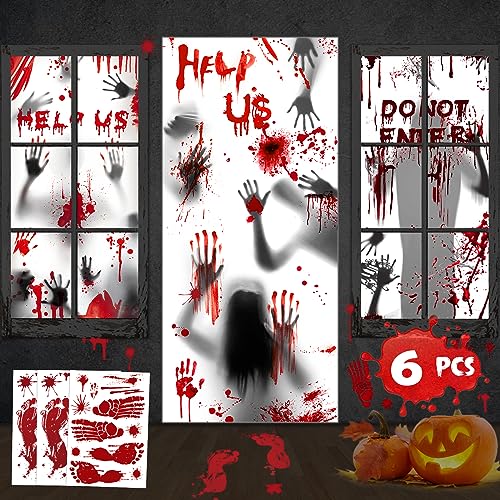 Halloween Giant Bloody Handprint Decorations, 8 PCS Halloween Door Cover Window Poster with 3 Window Clings, Halloween Props Poster Scary Zombie Creepy for Haunted House Decor Halloween Party Favor