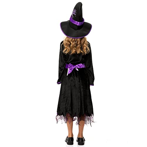 Witch Costume for Girls Kids, Fairytale Witch Halloween Costume Dress Up with Hat (M(8-10))