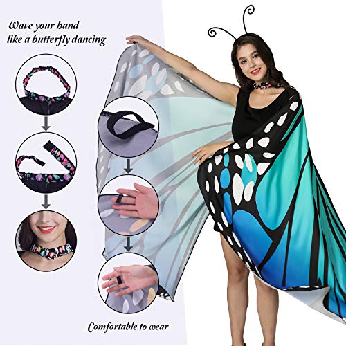 Jeicy Halloween Butterfly Wings Shawl Fairy Lady Cape Nymph Pixie Costume for Women Girls Halloween Costumes with Antenna Headband (blue green)