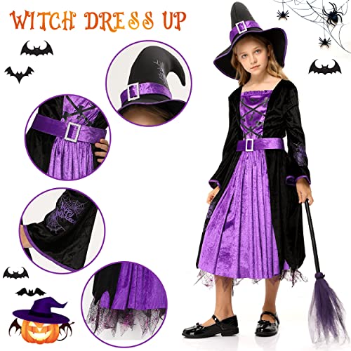Witch Costume for Girls Kids, Fairytale Witch Halloween Costume Dress Up with Hat (M(8-10))