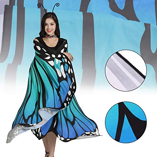 Jeicy Halloween Butterfly Wings Shawl Fairy Lady Cape Nymph Pixie Costume for Women Girls Halloween Costumes with Antenna Headband (blue green)