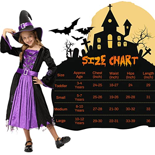 Witch Costume for Girls Kids, Fairytale Witch Halloween Costume Dress Up with Hat (M(8-10))