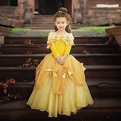 TYHTYM Belle Costumes Dress Up Party Girls Princess Cosplay Halloween Kids Ball Gown 2-13Years Gold