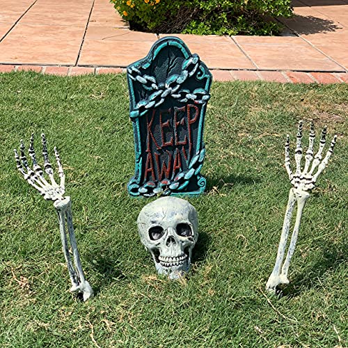 JOYIN Halloween Decorations Skeleton Stakes with Tombstone Set, 17” Graveyard Tombstone Groundbreaker Decorations for Best Halloween Yard Decorations Outdoor Graveyard