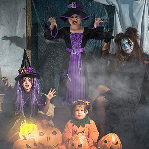 Witch Costume for Girls Kids, Fairytale Witch Halloween Costume Dress Up with Hat (M(8-10))