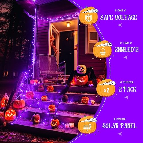 JMEXSUSS 2 Pack Purple Solar Halloween Lights, 33ft 100 LED Solar Fairy Lights Outdoor, Waterproof 8 Modes Solar String Lights for Tree Patio Halloween Christmas Decorations