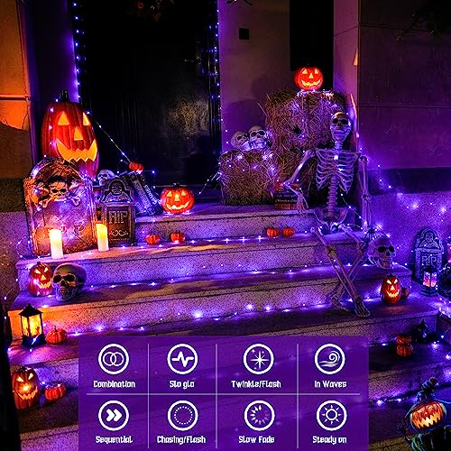 JMEXSUSS 2 Pack Purple Solar Halloween Lights, 33ft 100 LED Solar Fairy Lights Outdoor, Waterproof 8 Modes Solar String Lights for Tree Patio Halloween Christmas Decorations