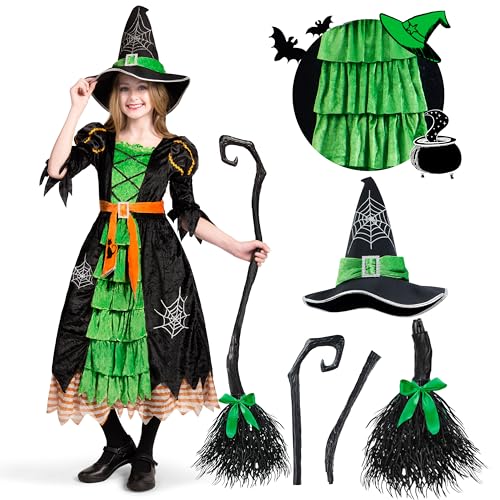 Spooktacular Creations Fairytale Green Cute Witch Dress Halloween Costume Deluxe Set with Hat for Girls (S)