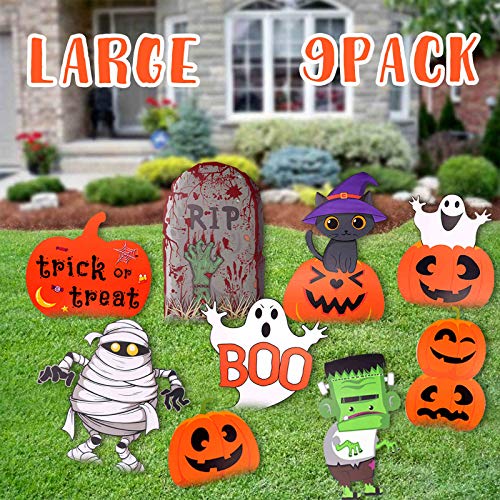 Halloween Decorations Outdoor 9 Pack Yard Signs，Large Pumpkin Ghost Corrugate Yard Stakes Signs for Halloween Lawn Decoration Family Friendly Trick or Treat Party Plastic Decor