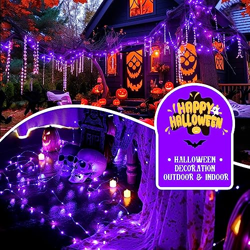 JMEXSUSS 2 Pack Purple Solar Halloween Lights, 33ft 100 LED Solar Fairy Lights Outdoor, Waterproof 8 Modes Solar String Lights for Tree Patio Halloween Christmas Decorations