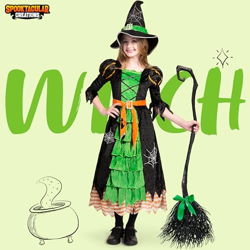 Spooktacular Creations Fairytale Green Cute Witch Dress Halloween Costume Deluxe Set with Hat for Girls (S)