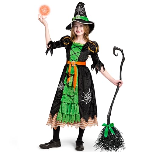 Spooktacular Creations Fairytale Green Cute Witch Dress Halloween Costume Deluxe Set with Hat for Girls (S)
