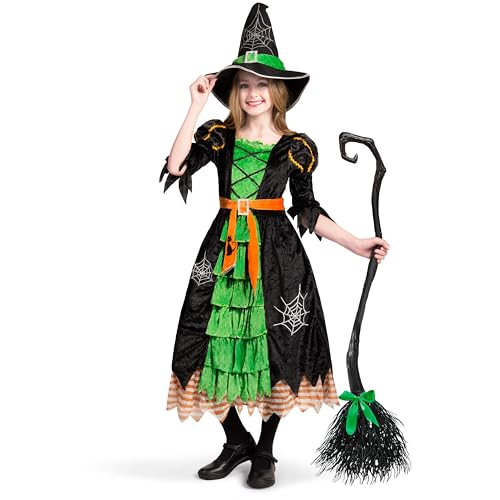 Spooktacular Creations Fairytale Green Cute Witch Dress Halloween Costume Deluxe Set with Hat for Girls (S)