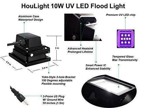 HouLight UV LED Black Light, High Power 10W LED Black Light Flood Light IP65-Waterproof (85V-265V AC) for Blacklight Party Supplies, Neon Glow, Glow in The Dark, Birthdays, Blacklights, Curing