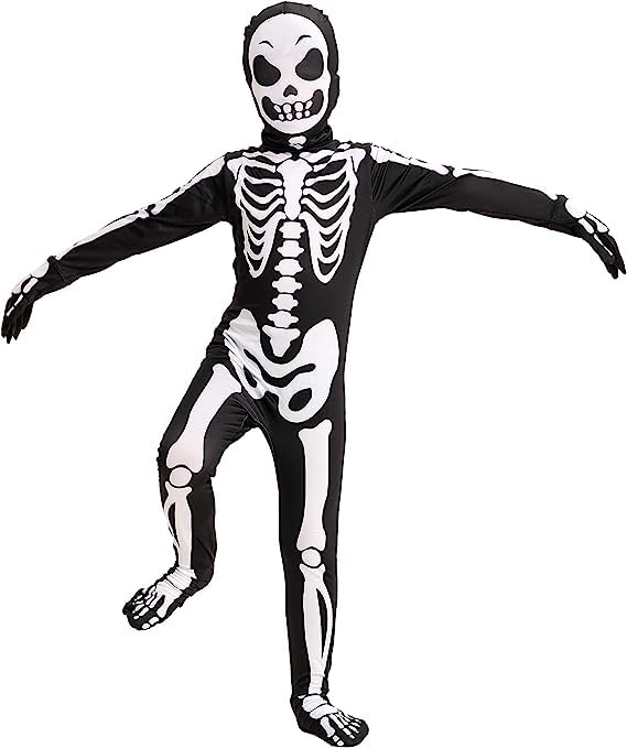 Spooktacular Creations Boy Scary Creepy Skeleton Costume, Skelebones Costume, Bone Jumpsuit for Toddler, Kids Halloween Dress Up-M(8-10yr)