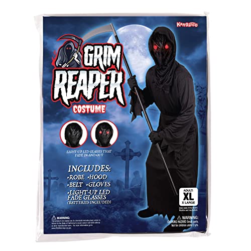 Kangaroo Grim Reaper Costume, Ghost Phantom Costume Boys w/Glowing Red Eyes Excluding Metal Reaper Scythe, Horror Robe Costume Black Cloak with Hood Men Scary Costumes for Halloween, X-Large