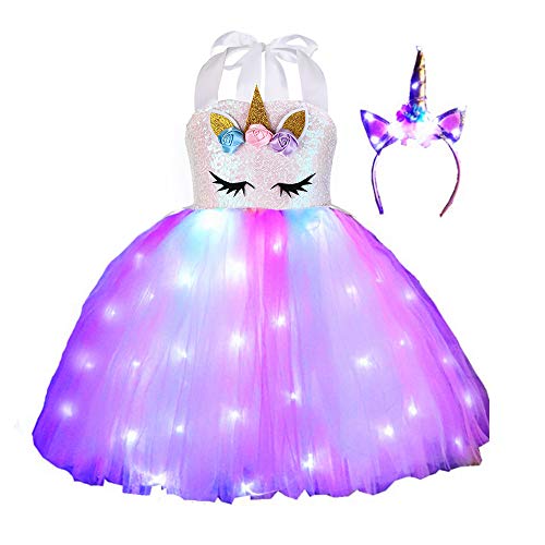 SHINYOU Girls Unicorn Costume Dress Up LED Light Up Unicorn Tutu Birthday Outfit for Halloween Birthday Gift (Rainbow, 3-4Y)