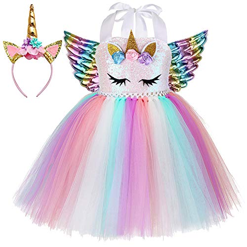 SHINYOU Girls Unicorn Costume Dress Up LED Light Up Unicorn Tutu Birthday Outfit for Halloween Birthday Gift (Rainbow, 3-4Y)