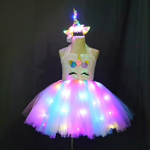 SHINYOU Girls Unicorn Costume Dress Up LED Light Up Unicorn Tutu Birthday Outfit for Halloween Birthday Gift (Rainbow, 3-4Y)