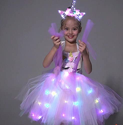 SHINYOU Girls Unicorn Costume Dress Up LED Light Up Unicorn Tutu Birthday Outfit for Halloween Birthday Gift (Rainbow, 3-4Y)
