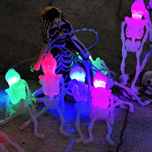 PIXFAIRY Skeleton Skull String Lights Battery Operated, Spooky Decoration Waterproof 15LED String Lights with 8-Lighting Modes for Indoor/Outdoor, Home, Party, Yard Decor (1, Multi)