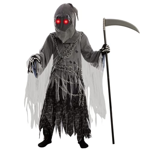 Spooktacular Creations Child Unisex Grim Reaper Costume, Halloween Costume with Glowing Red Eyes for Kids Trick-or-Treating-XL(12-14yr)