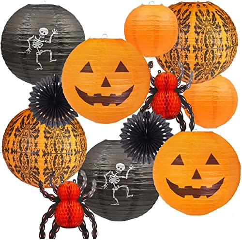 UNIQOOO 12Pcs Halloween Hanging Decorations Paper Lanterns, Jack-O'-Lantern Spider Skeleton Pumpkin for Indoor & Outdoor Spooky Home Decor, Party Supplies Props, 12" & 8" (Orange, Black)