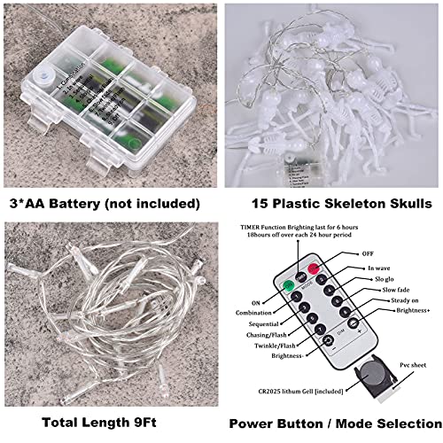 PIXFAIRY Skeleton Skull String Lights Battery Operated, Spooky Decoration Waterproof 15LED String Lights with 8-Lighting Modes for Indoor/Outdoor, Home, Party, Yard Decor (1, Multi)