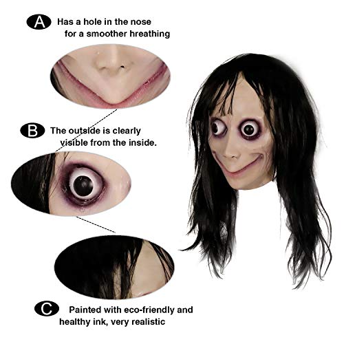 MOLEZU MOMO Mask Horror Devil Mask with Long Hair, Scary Costume Halloween Creepy Cosplay Party Decoration Prop