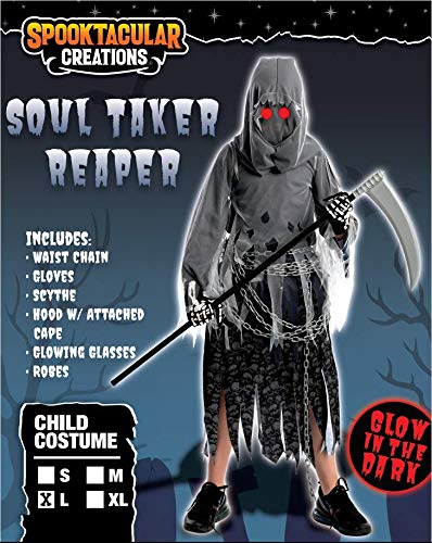 Spooktacular Creations Child Unisex Grim Reaper Costume, Halloween Costume with Glowing Red Eyes for Kids Trick-or-Treating-XL(12-14yr)